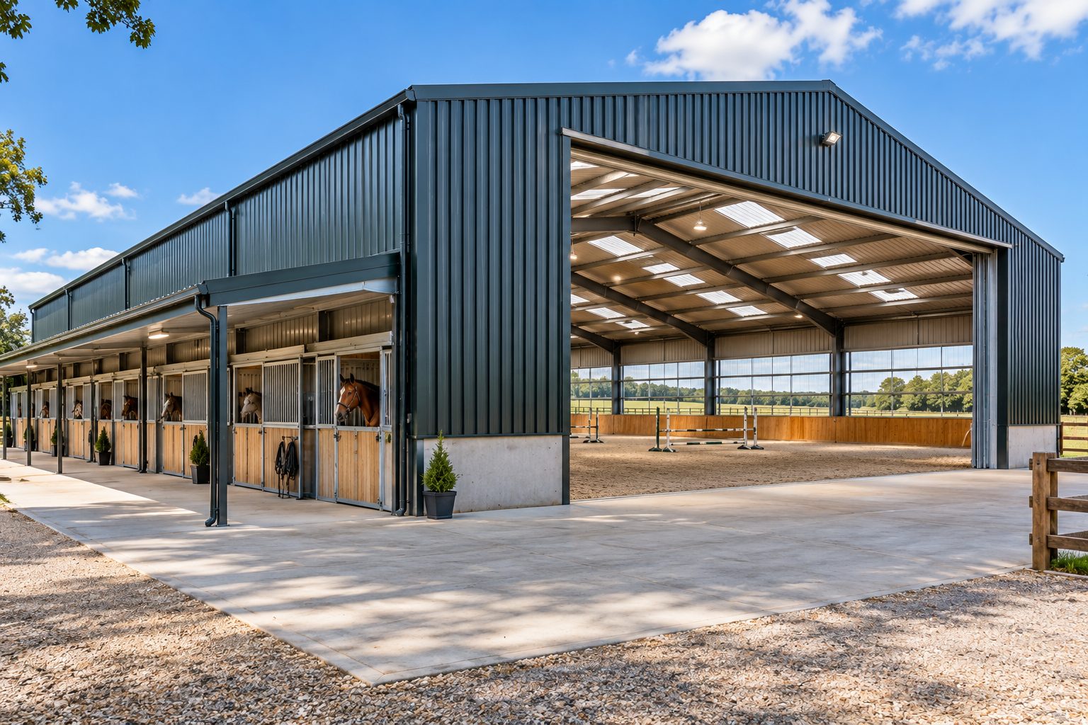 Steel-framed equestrian barn with stables and indoor arena