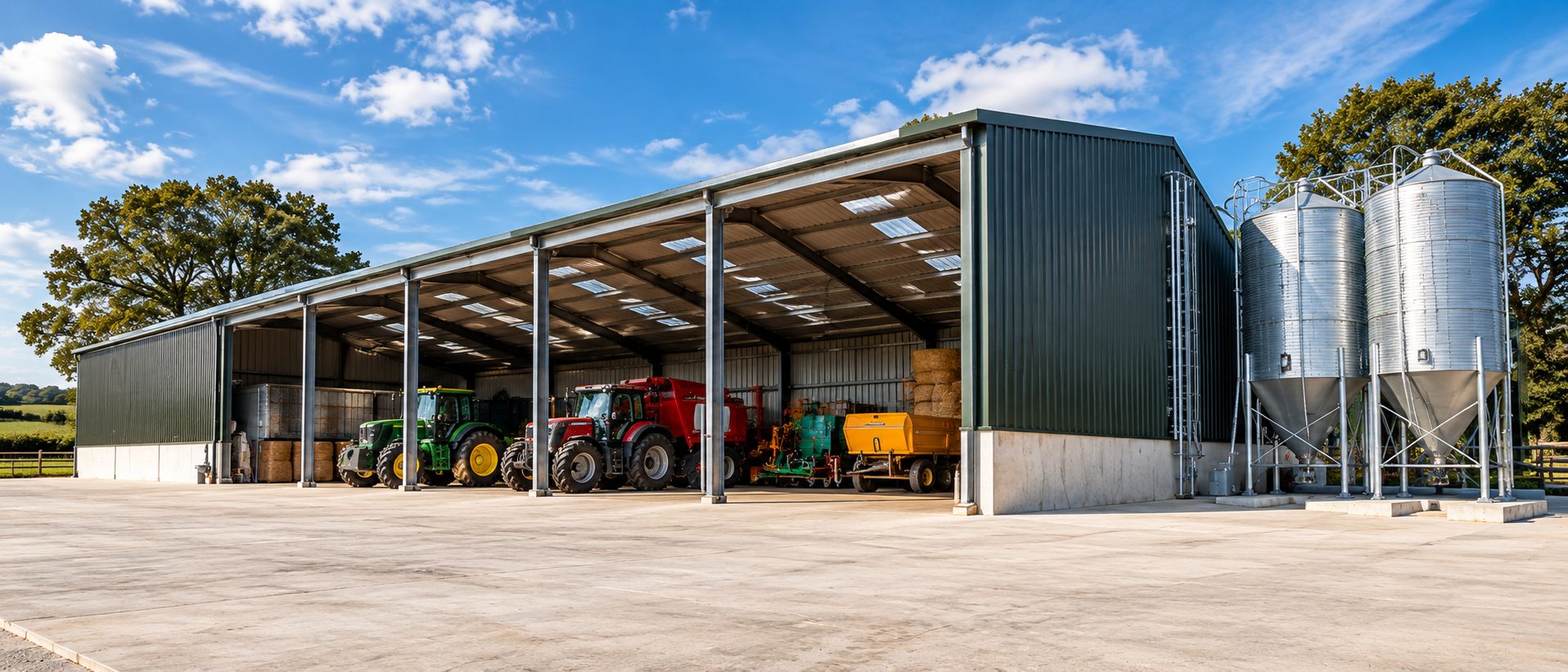 Farm machinery building with grain silos