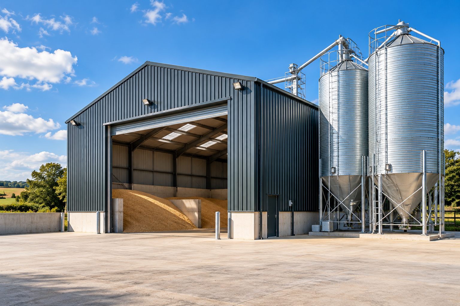 Grain store with feed silos