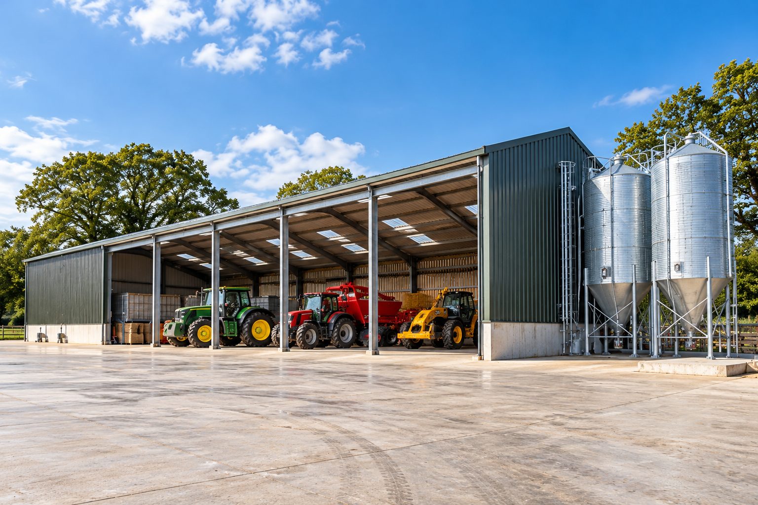 Tractors in a machinery storage building